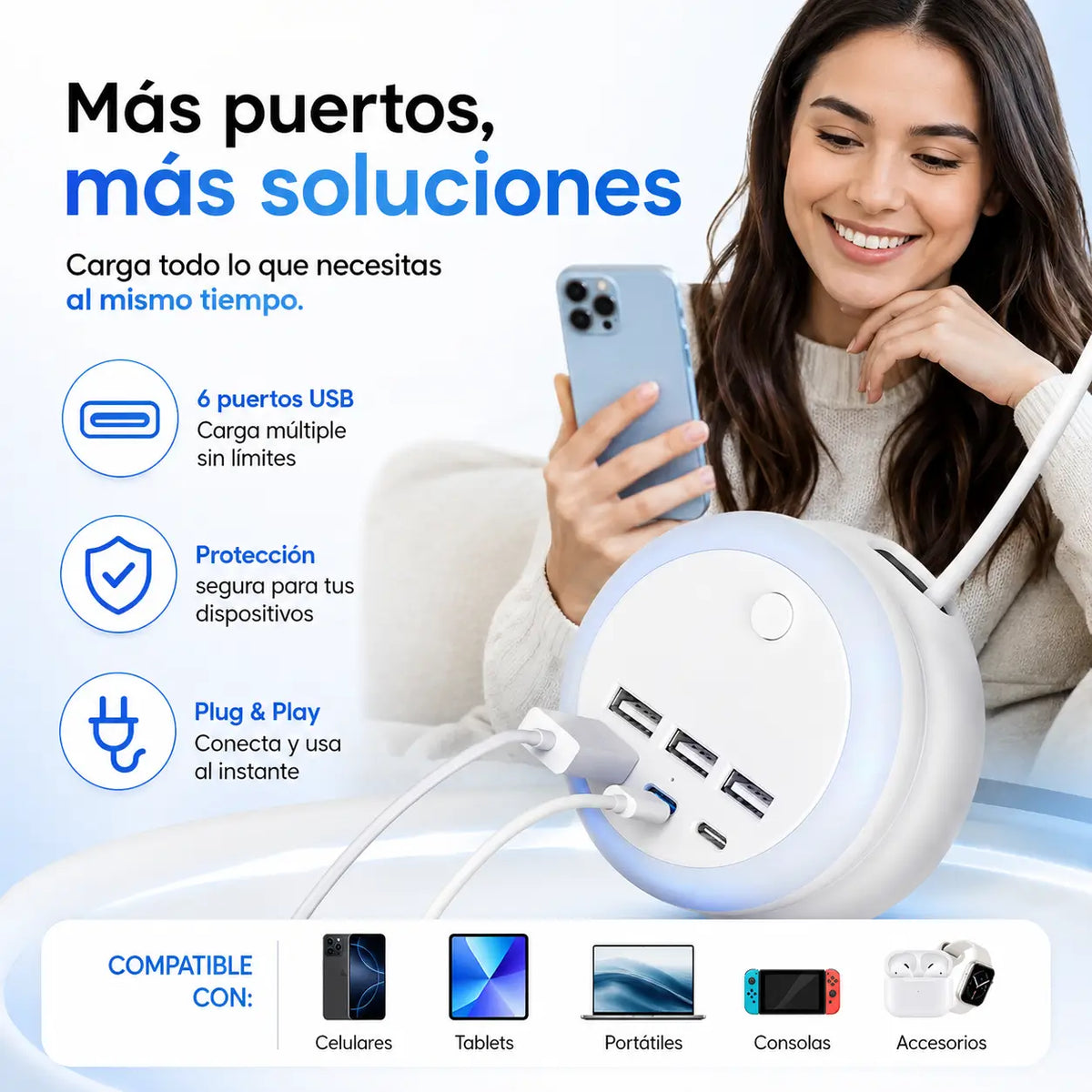 LuminaDock — Estación de Carga USB Retráctil 7 en 1 con Luz Ambiental