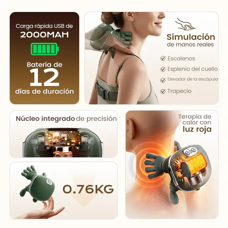 Masajeador Inteligente con 3 Velocidades-Tu masajista personal de manos reales, ahora recargable y portátil.
