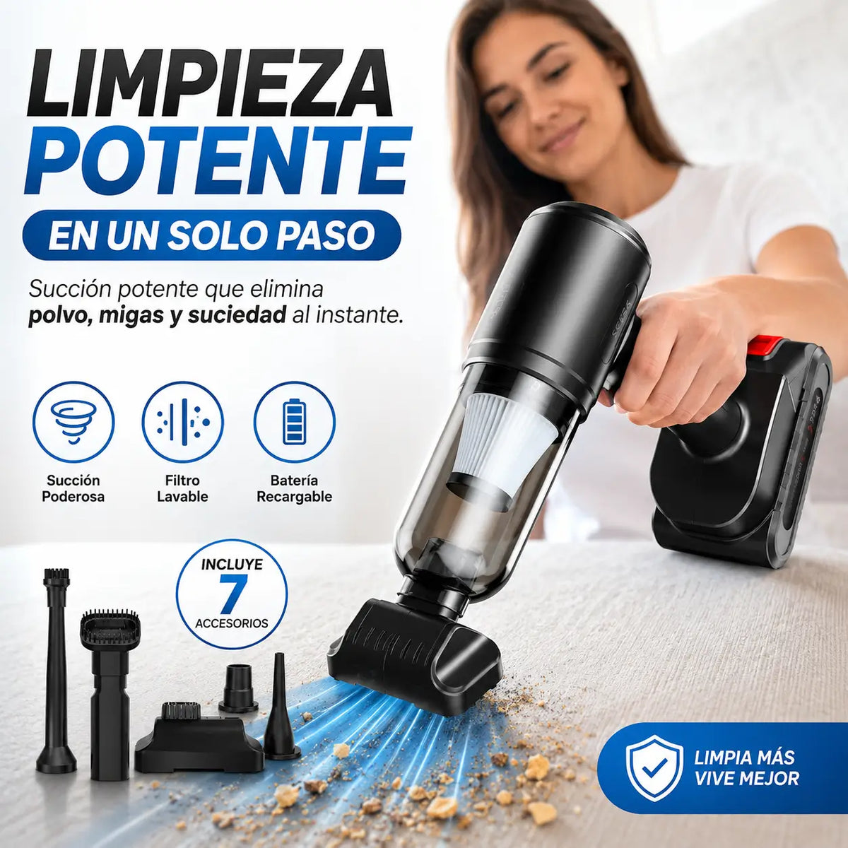 Aspiradora recargable 7 accesorios - Aspira, Sopla e Infla