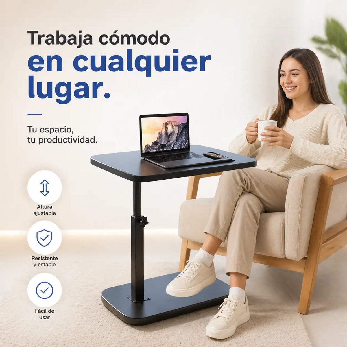 Mesa Luma — Se Desliza Bajo Tu Sofá o Cama, Ajustable al Instante ✅