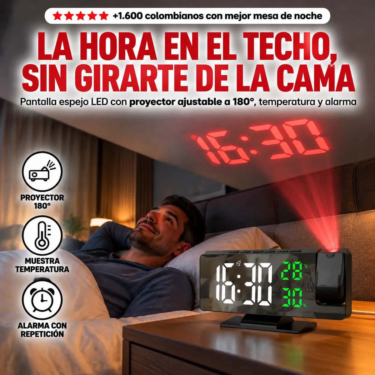 Reloj Digital Espejo LED con Proyector 180°