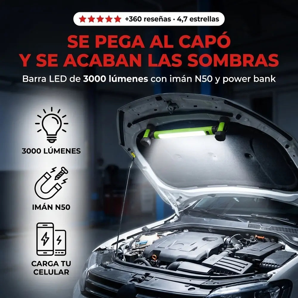 Barra de Luz LED Magnética para el Capó — 3000 Lúmenes, Recargable