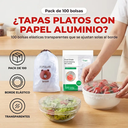 🥣 Pack x100 Bolsas Elásticas Desechables para Cubrir Alimentos