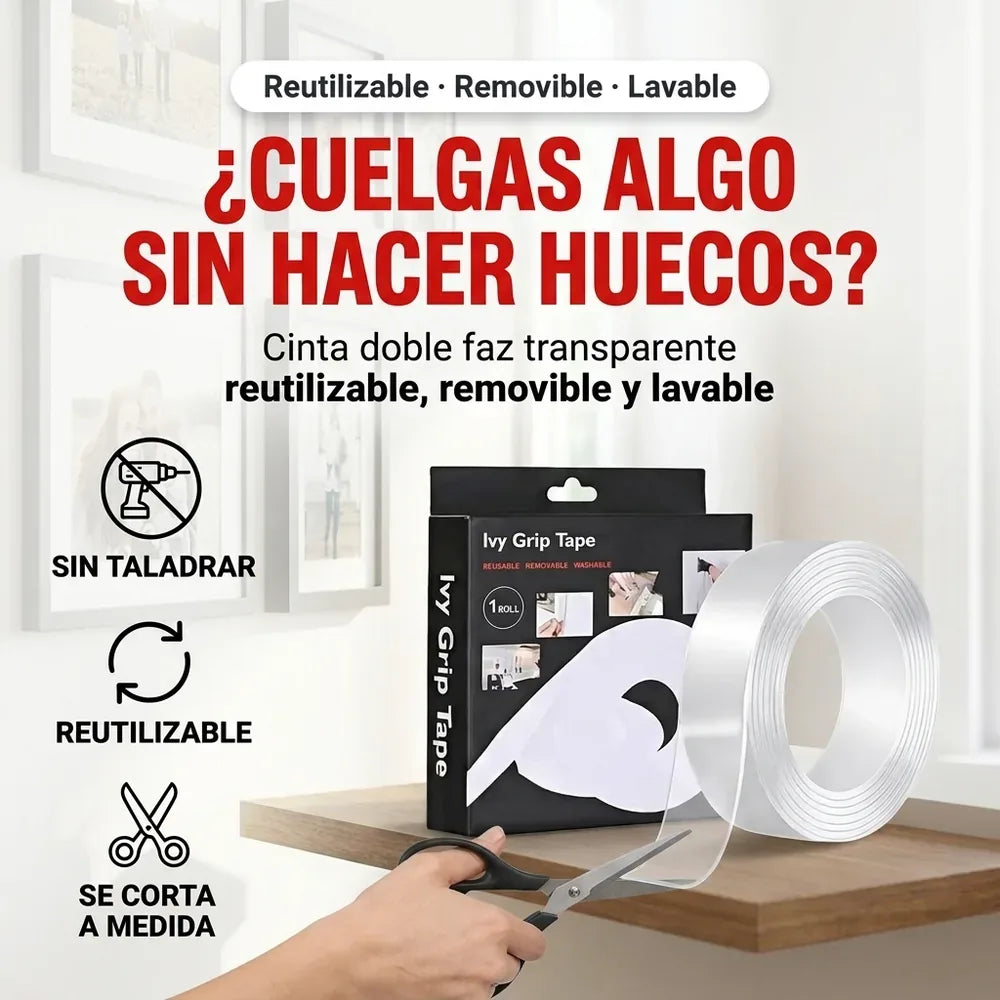 🧷 Cinta Doble Faz Transparente Reutilizable — Pega sin Taladrar ni Clavar