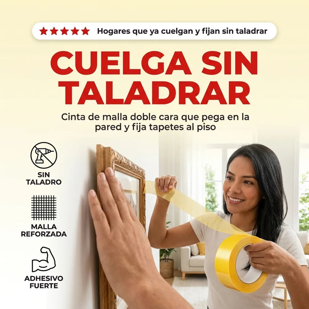 Cinta Doble Cara de Malla Impermeable — Pega sin Taladrar, Fija Tapetes 5cm x 200cm