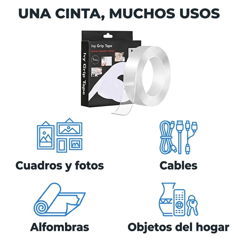🧷 Cinta Doble Faz Transparente Reutilizable — Pega sin Taladrar ni Clavar