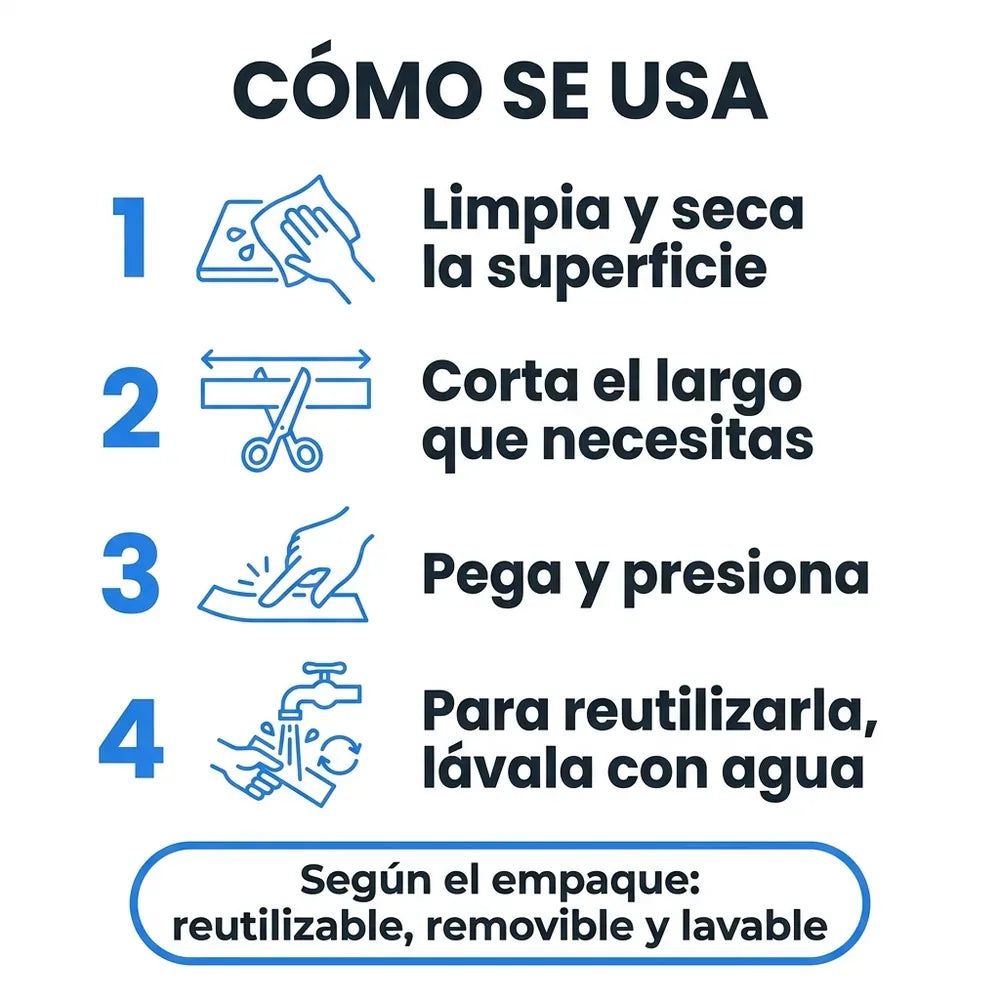 🧷 Cinta Doble Faz Transparente Reutilizable — Pega sin Taladrar ni Clavar