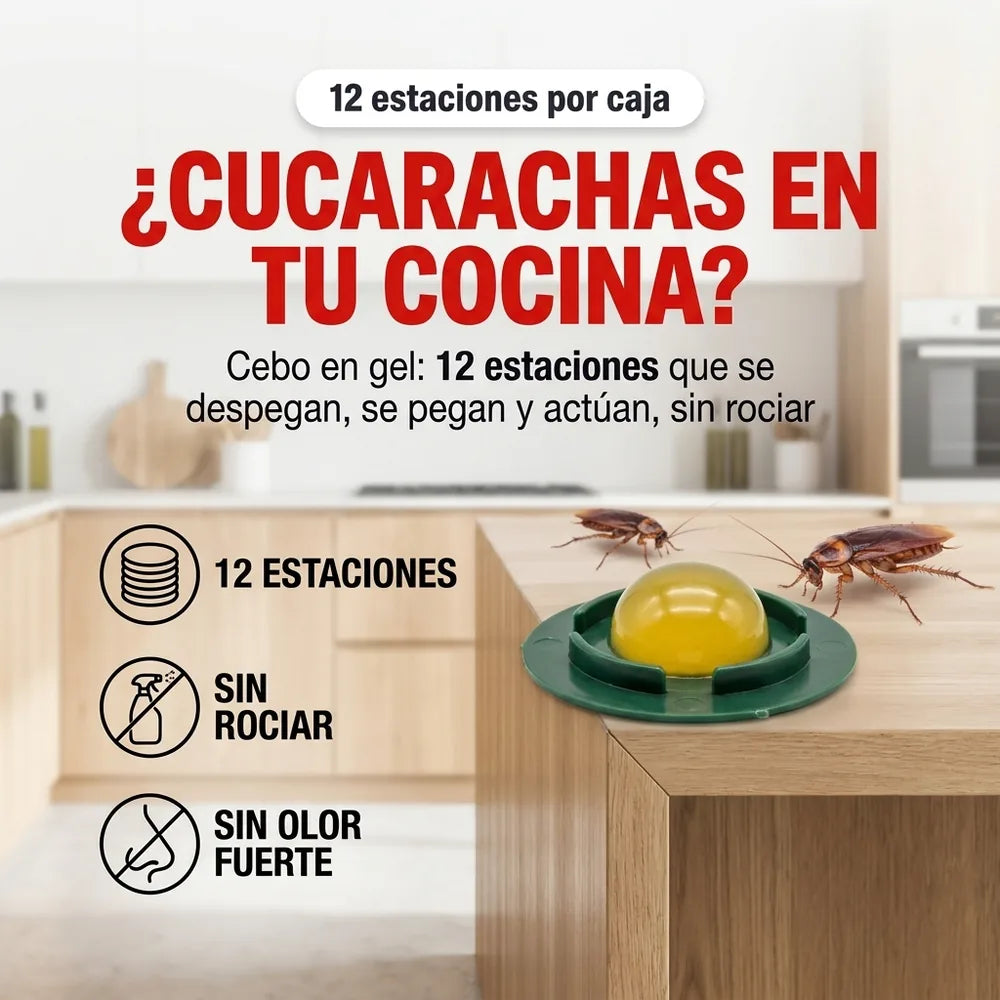 🪳 Cebo para Cucarachas en Gel — 12 Estaciones, Sin Rociar y Sin Olor Fuerte