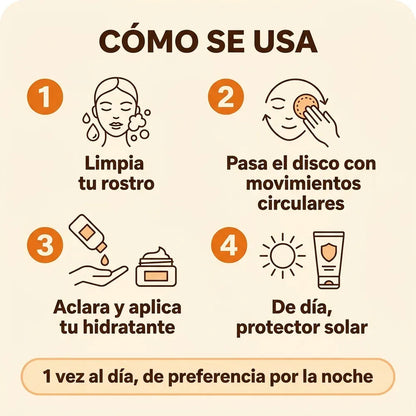 🧡 Discos de Cúrcuma Anti-Manchas — Niacinamida, Ácido Tranexámico y Vitamina C · 30 discos