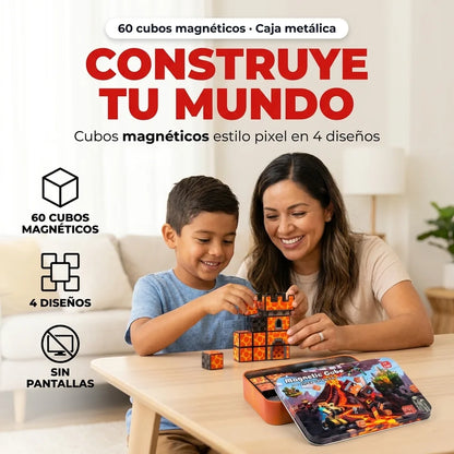 🧲 Cubos Magnéticos Estilo Pixel en Caja Metálica — 60 Piezas (Fuego, Naturaleza, Hielo o Luna)