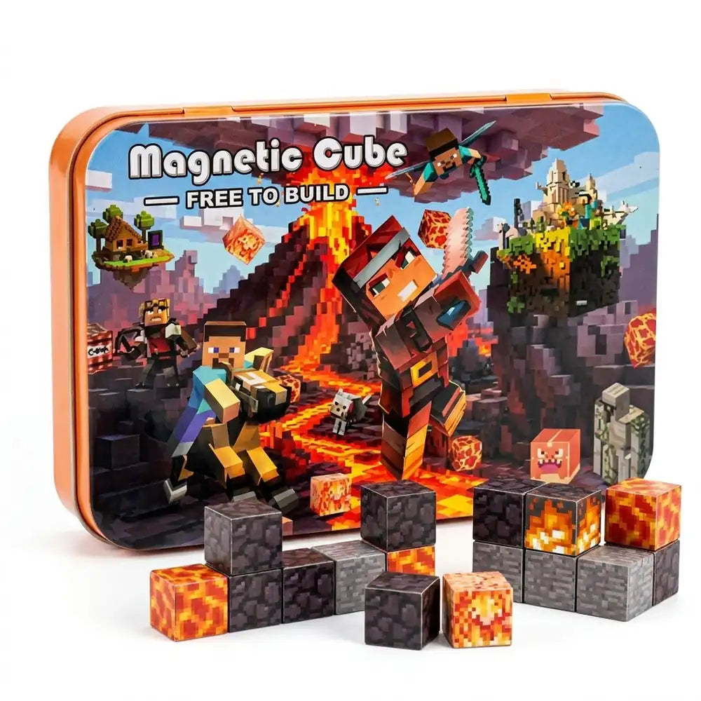 🧲 Cubos Magnéticos Estilo Pixel en Caja Metálica — 60 Piezas (Fuego, Naturaleza, Hielo o Luna)