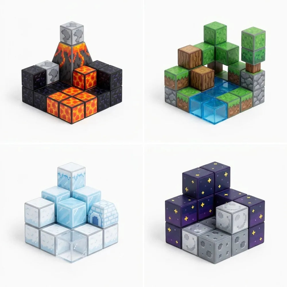 🧲 Cubos Magnéticos Estilo Pixel en Caja Metálica — 60 Piezas (Fuego, Naturaleza, Hielo o Luna)