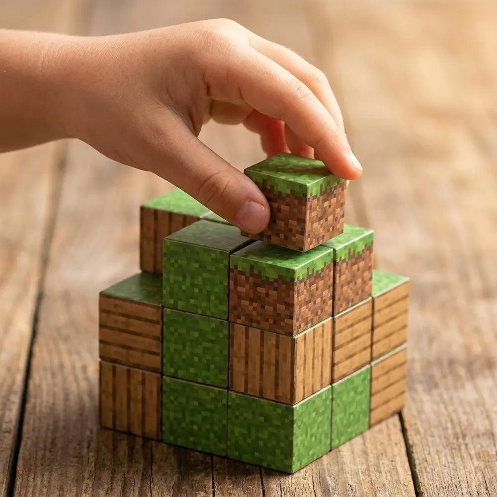 🧲 Cubos Magnéticos Estilo Pixel en Caja Metálica — 60 Piezas (Fuego, Naturaleza, Hielo o Luna)