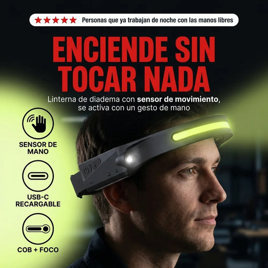 Linterna de Diadema LED con Sensor de Movimiento — Recargable USB-C