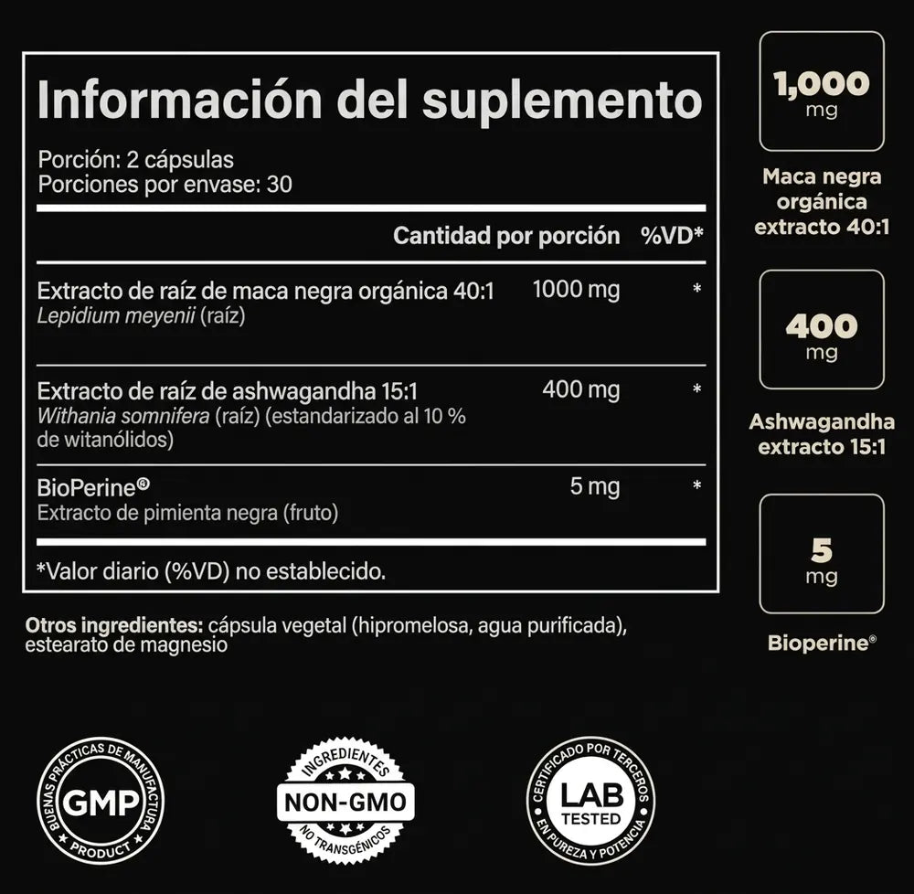 Black Maca + Ashwagandha ELMNT — Energía, Enfoque y Vitalidad · 60 Cápsulas