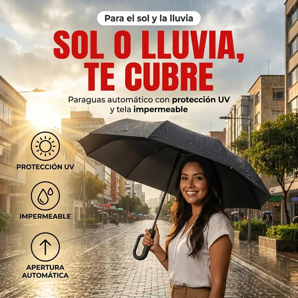 ☀️ Paraguas con Protección UV — Para el Sol y la Lluvia, Automático con Mango Hebilla