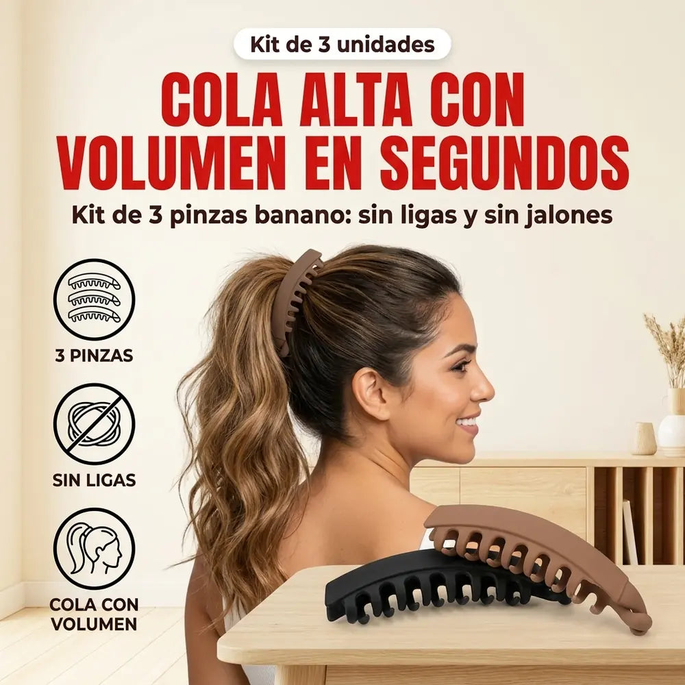 💇‍♀️ Kit x3 Pinzas Banano para el Cabello — Cola de Caballo Alta con Volumen
