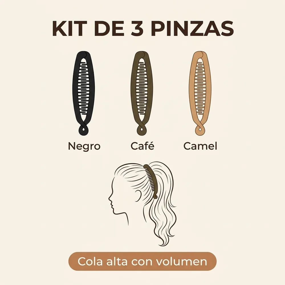 💇‍♀️ Kit x3 Pinzas Banano para el Cabello — Cola de Caballo Alta con Volumen