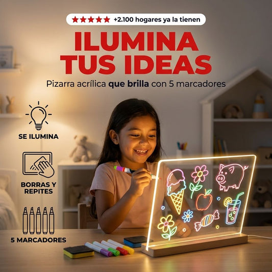 Pizarra Acrílica LED para Dibujar y Escribir — Incluye 5 Marcadores