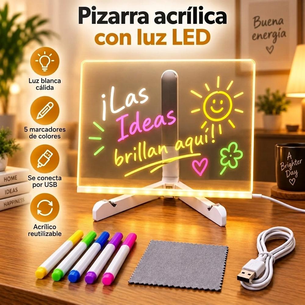 Pizarra Acrílica LED para Dibujar y Escribir — Incluye 5 Marcadores