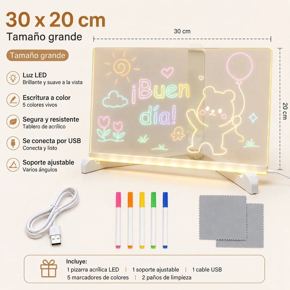 Pizarra Acrílica LED para Dibujar y Escribir — Incluye 5 Marcadores