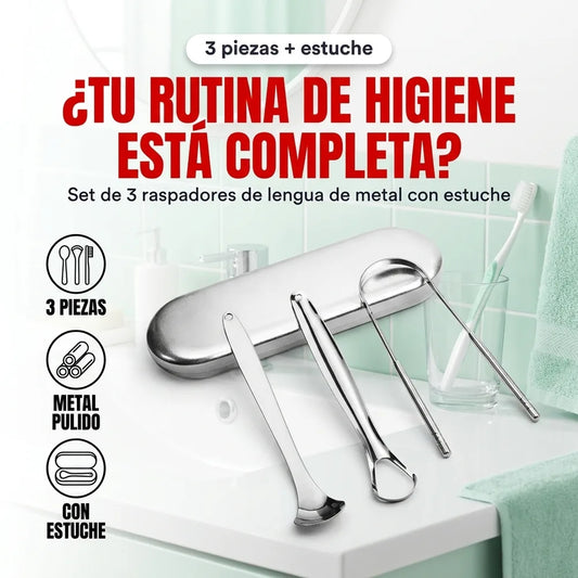 👅 Set de 3 Raspadores de Lengua en Metal con Estuche — Cuchara, Aro y Asa en U