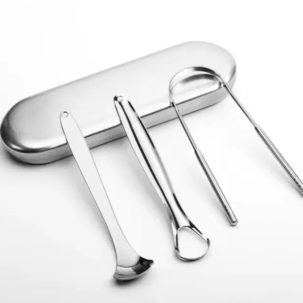 👅 Set de 3 Raspadores de Lengua en Metal con Estuche — Cuchara, Aro y Asa en U