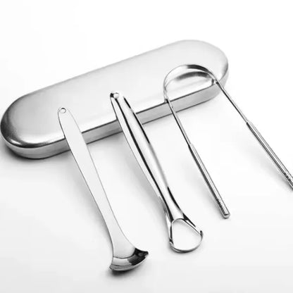 👅 Set de 3 Raspadores de Lengua en Metal con Estuche — Cuchara, Aro y Asa en U