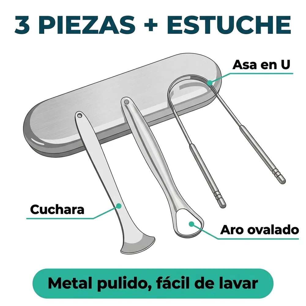 👅 Set de 3 Raspadores de Lengua en Metal con Estuche — Cuchara, Aro y Asa en U