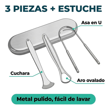 👅 Set de 3 Raspadores de Lengua en Metal con Estuche — Cuchara, Aro y Asa en U