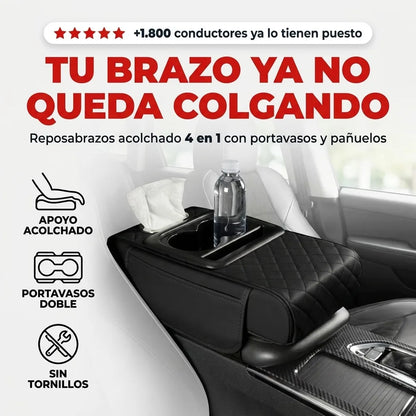 Reposabrazos Acolchado 4 en 1 para Carro — Portavasos, Pañuelos y Bolsillo