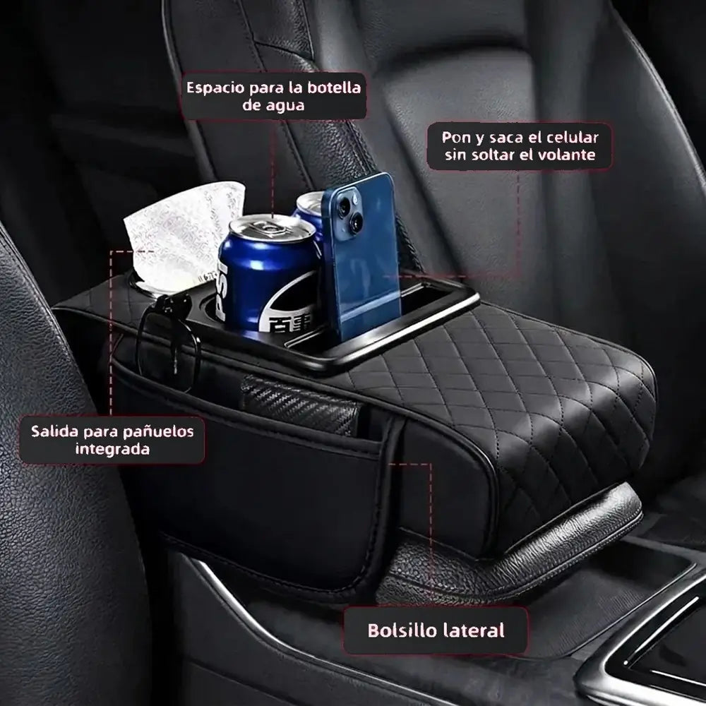 Reposabrazos Acolchado 4 en 1 para Carro — Portavasos, Pañuelos y Bolsillo