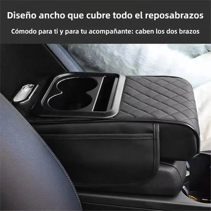 Reposabrazos Acolchado 4 en 1 para Carro — Portavasos, Pañuelos y Bolsillo