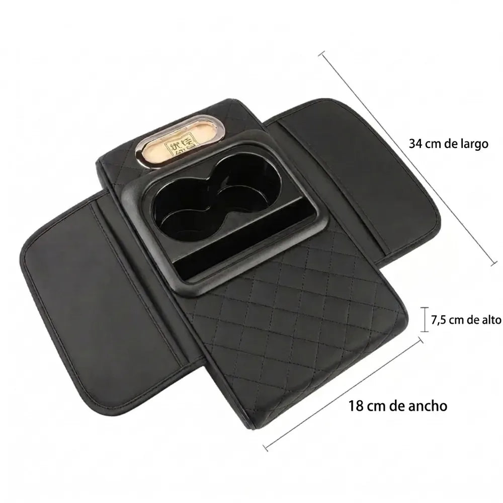 Reposabrazos Acolchado 4 en 1 para Carro — Portavasos, Pañuelos y Bolsillo