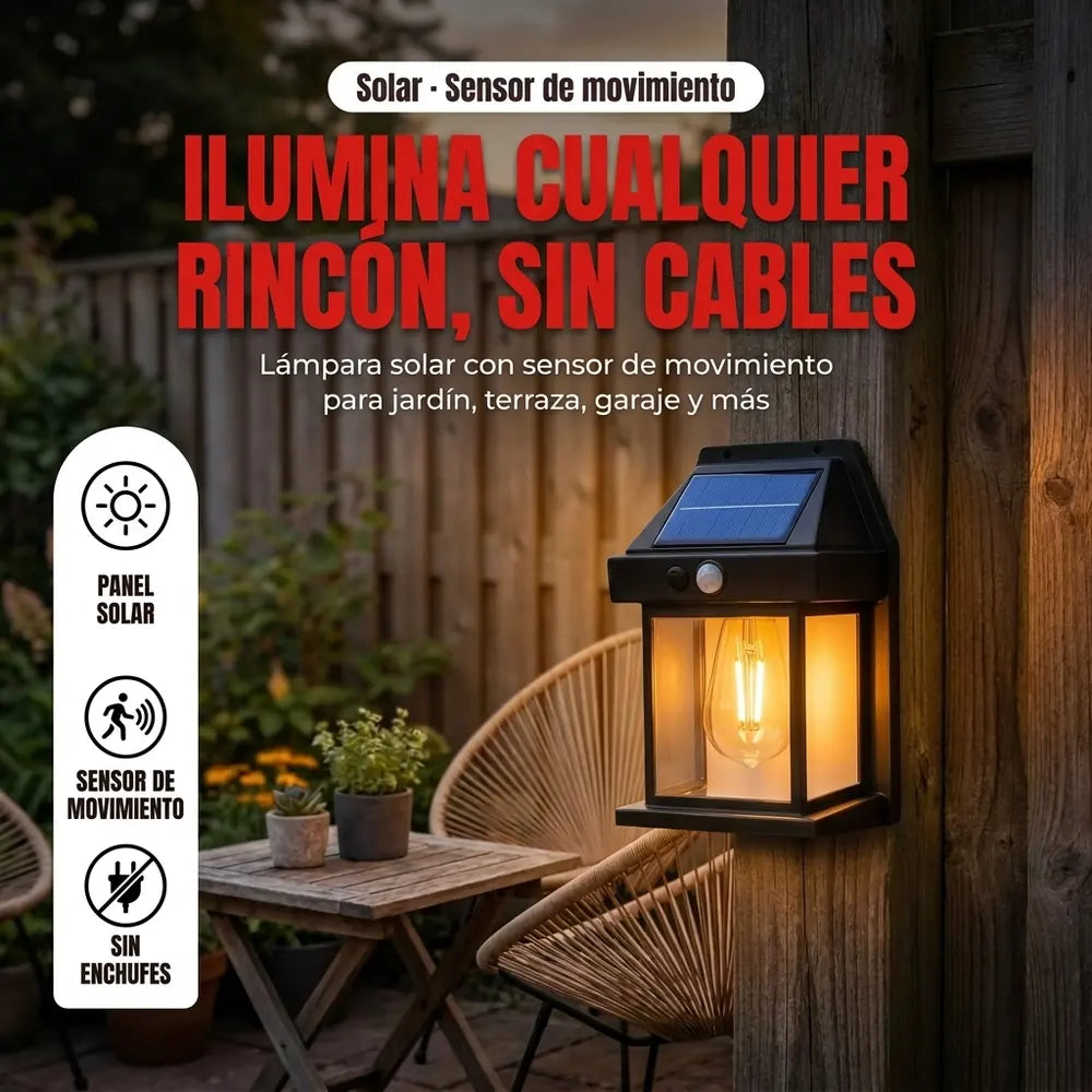 🏮 Lámpara Solar de Pared con Sensor de Movimiento y Bombillo Vintage