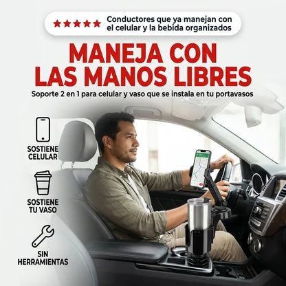 Soporte de Carro 2en1 para Celular y Vaso — Base Expandible para Portavasos