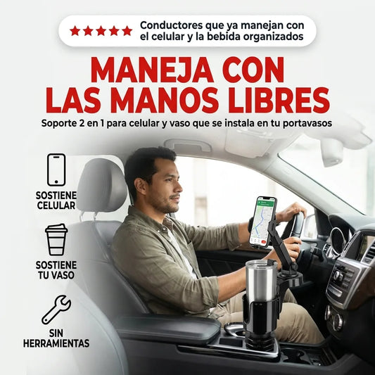 Soporte de Carro 2en1 para Celular y Vaso — Base Expandible para Portavasos
