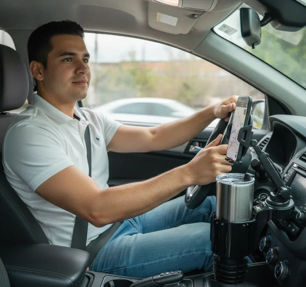 Soporte de Carro 2en1 para Celular y Vaso — Base Expandible para Portavasos