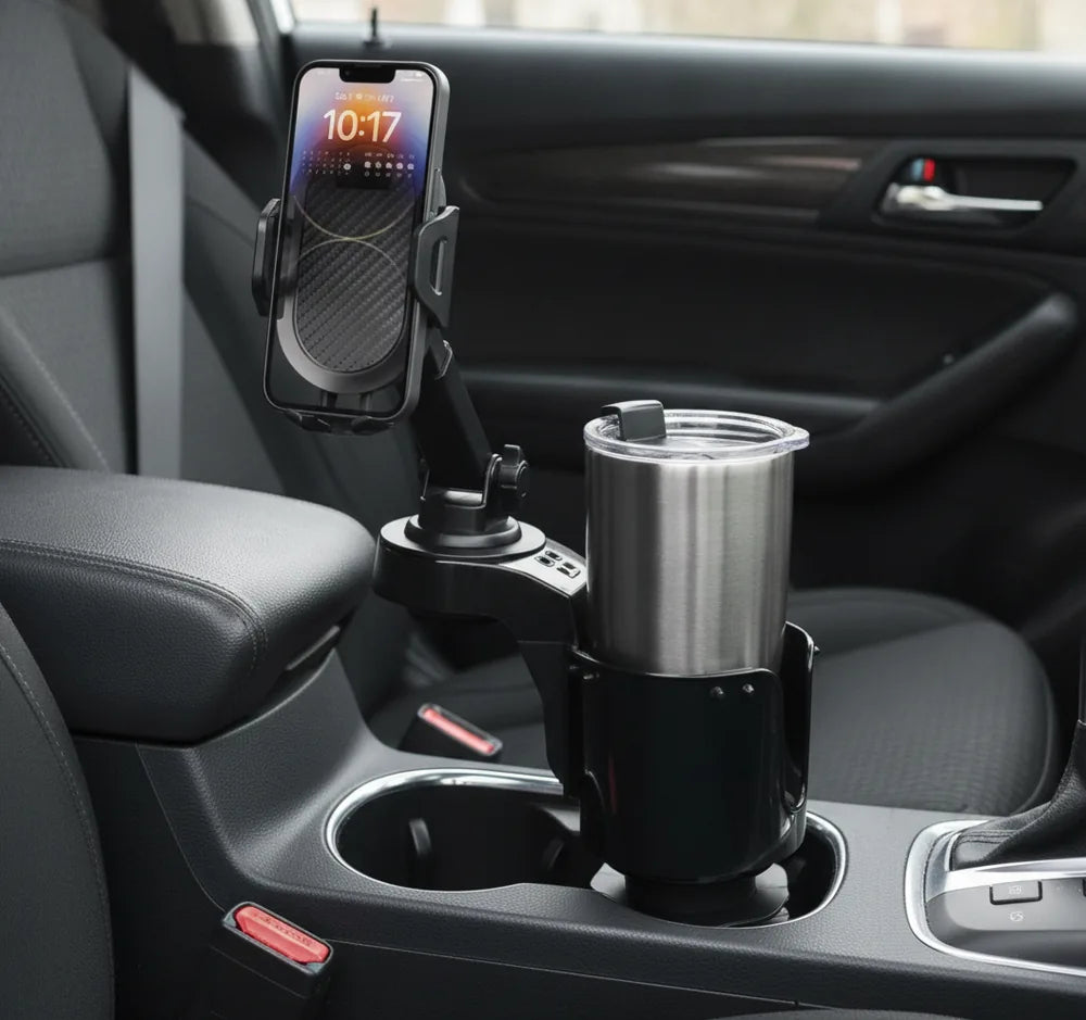 Soporte de Carro 2en1 para Celular y Vaso — Base Expandible para Portavasos