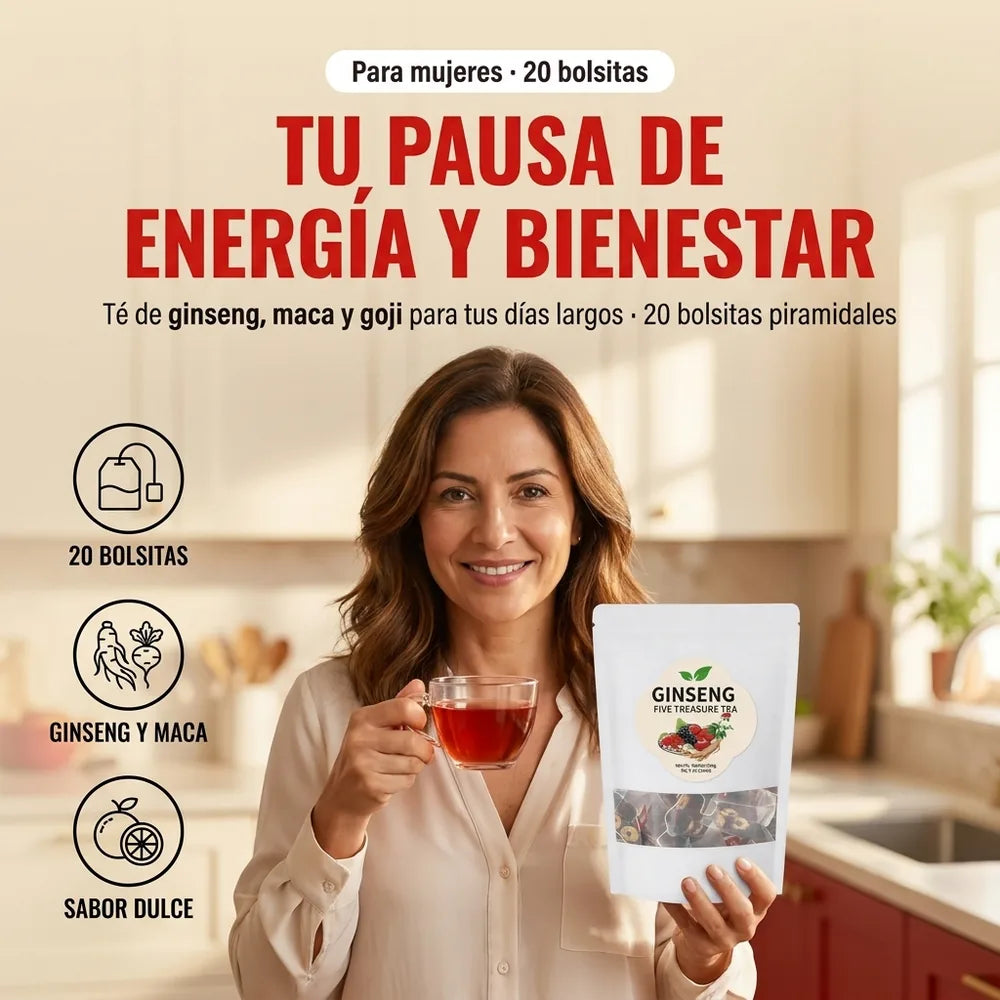 🍵 Té de Ginseng Cinco Tesoros para Mujer — Energía y Bienestar Diario · 20 Bolsitas
