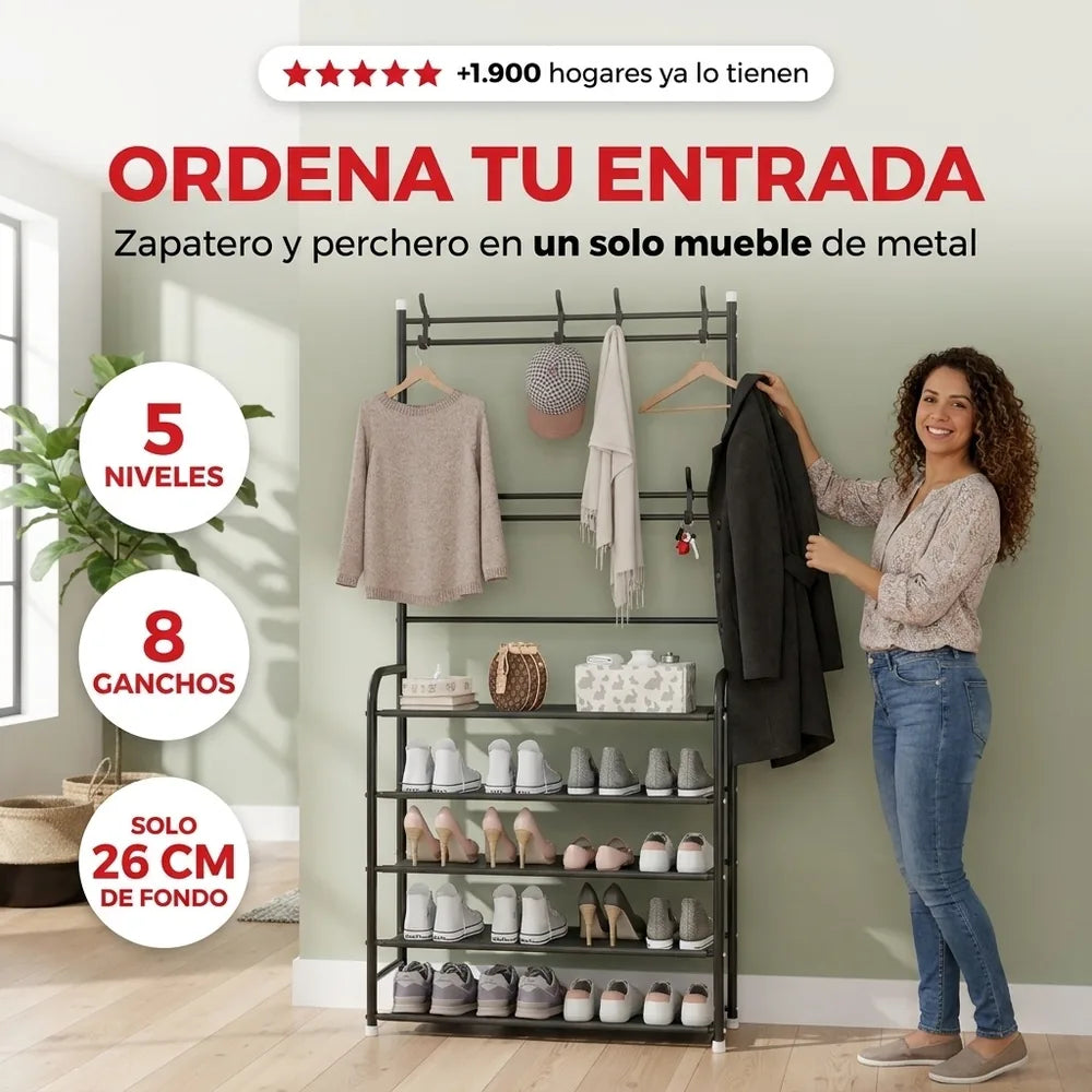 Zapatero Perchero 5 Niveles con 8 Ganchos — Metal, 60 × 26 × 172 cm