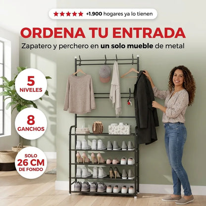 Zapatero Perchero 5 Niveles con 8 Ganchos — Metal, 60 × 26 × 172 cm
